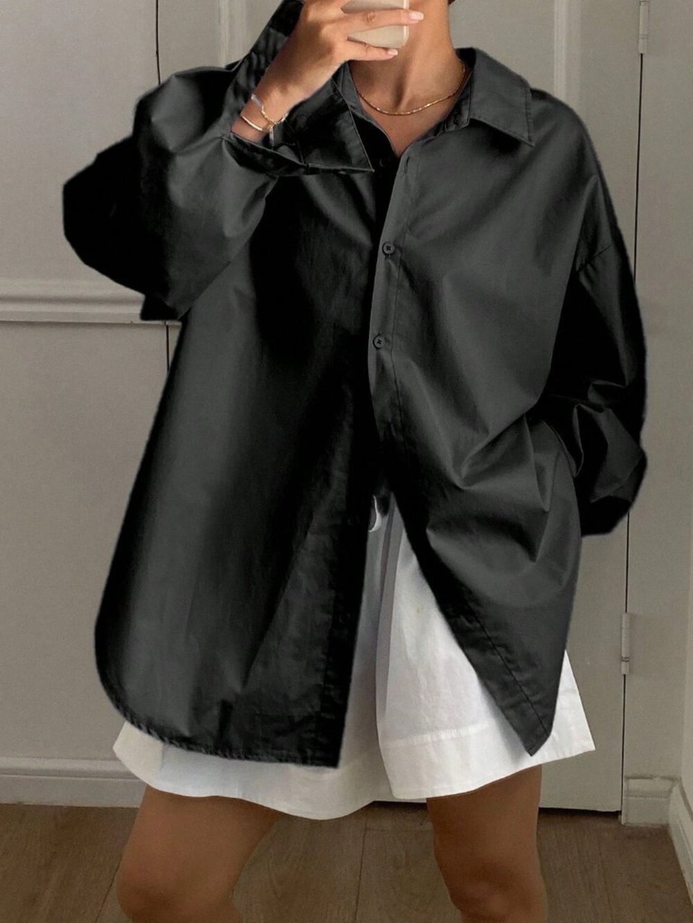 Black Casual Women's Loose Long Sleeve Blouse with Back Slit and Bow